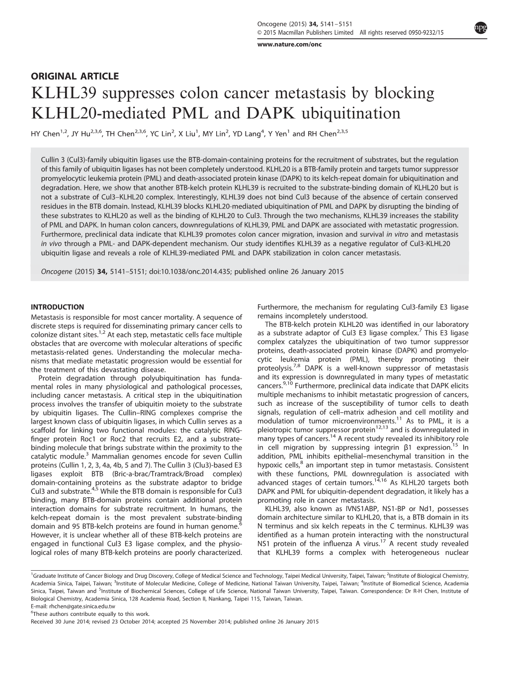 KLHL39 Suppresses Colon Cancer Metastasis by Blocking KLHL20-Mediated PML and DAPK Ubiquitination