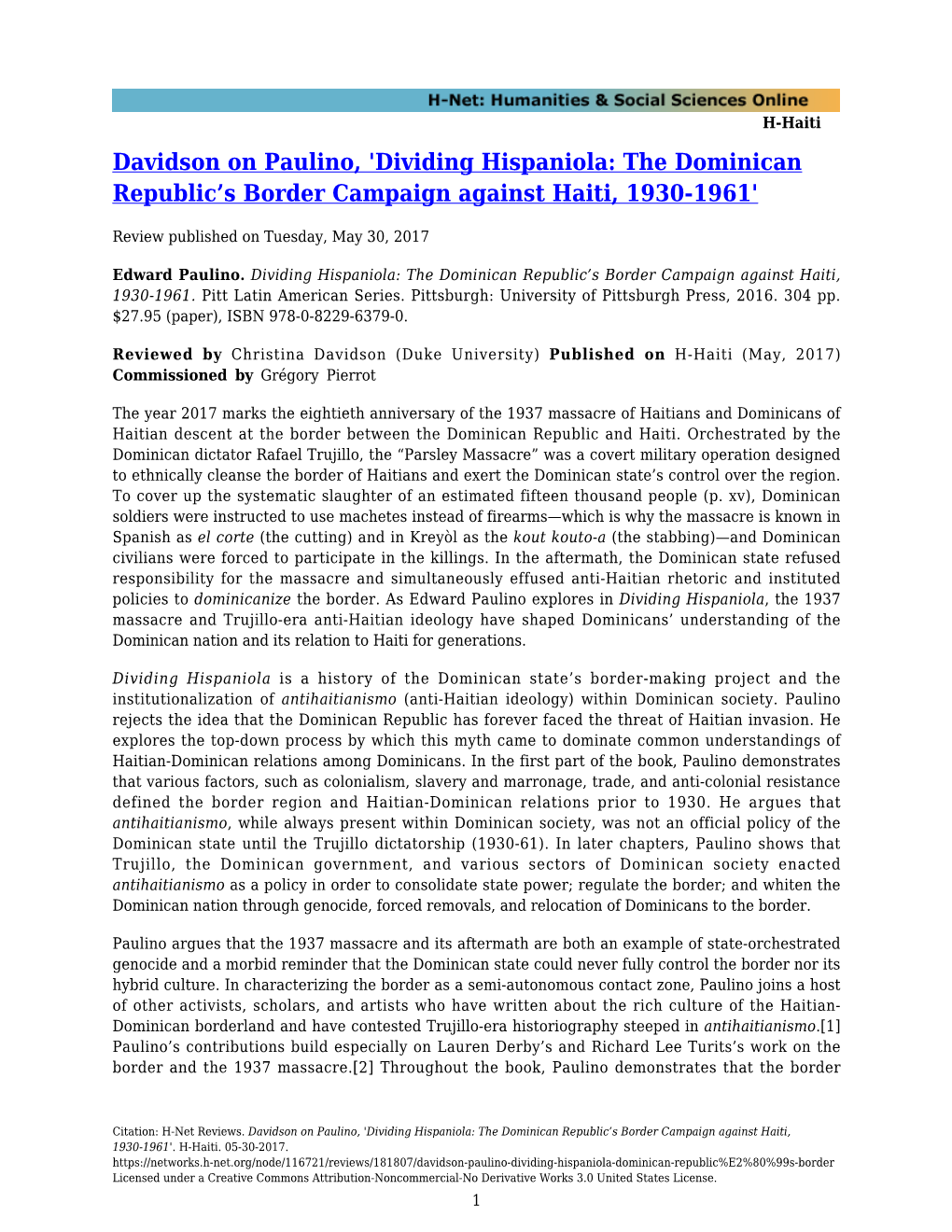 'Dividing Hispaniola: the Dominican Republic's Border Campaign Against Haiti, 1930-1961'
