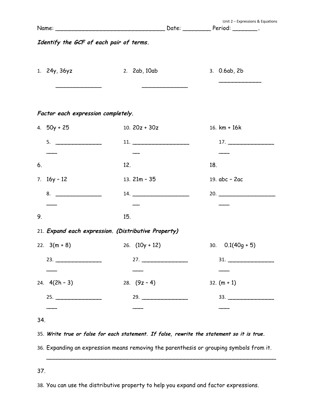 Unit 2 Expressions & Equations