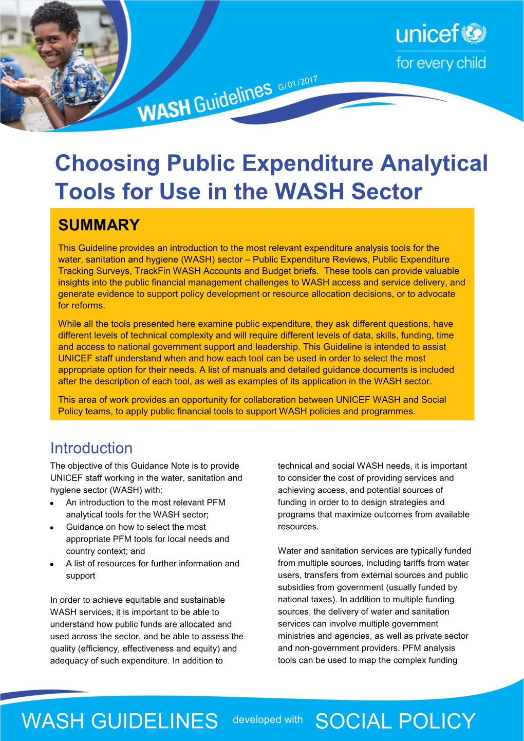 Choosing Public Expenditure Analytical Tools for Use in the WASH Sector SUMMARY