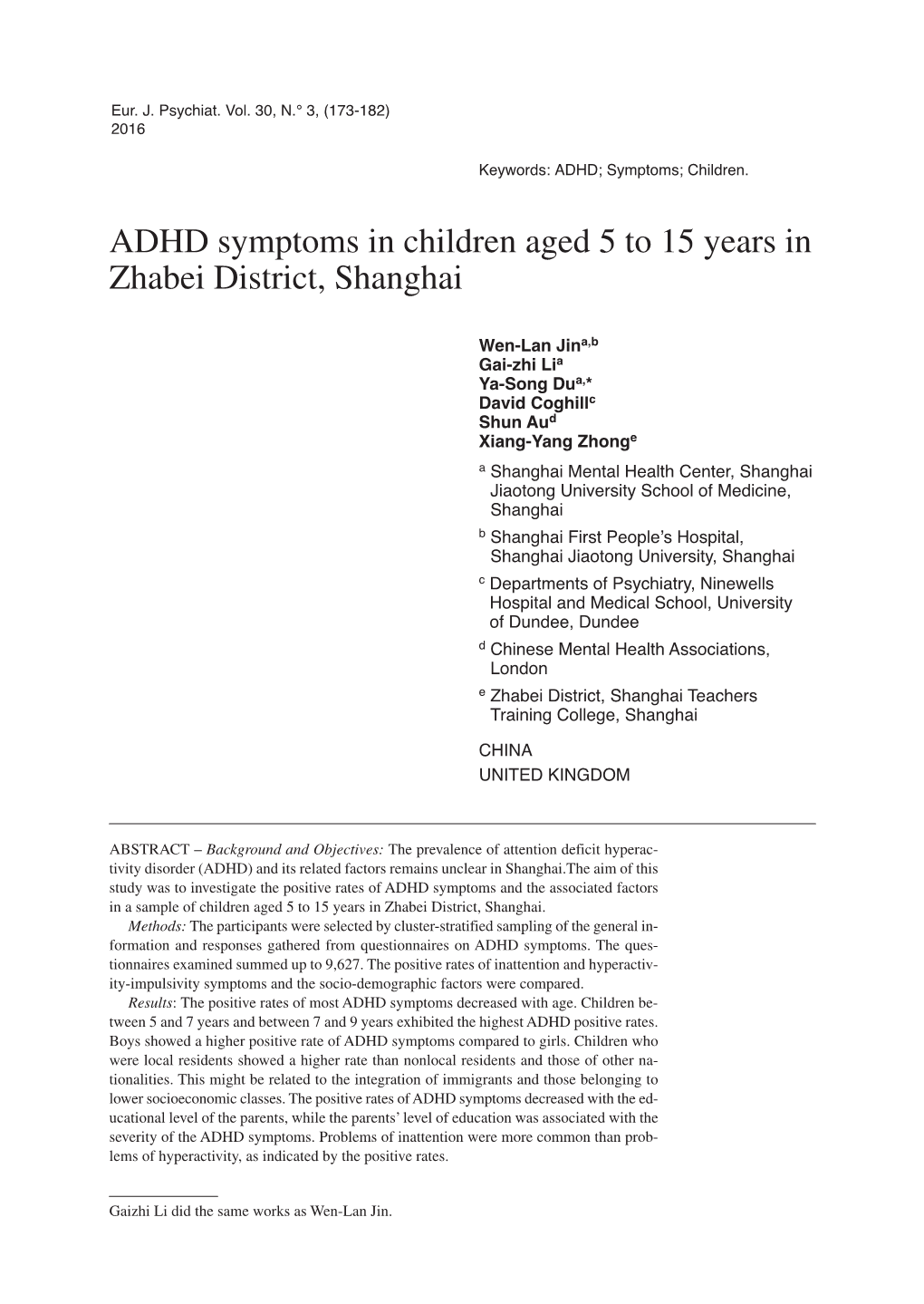 ADHD Symptoms in Children Aged 5 to 15 Years in Zhabei District, Shanghai