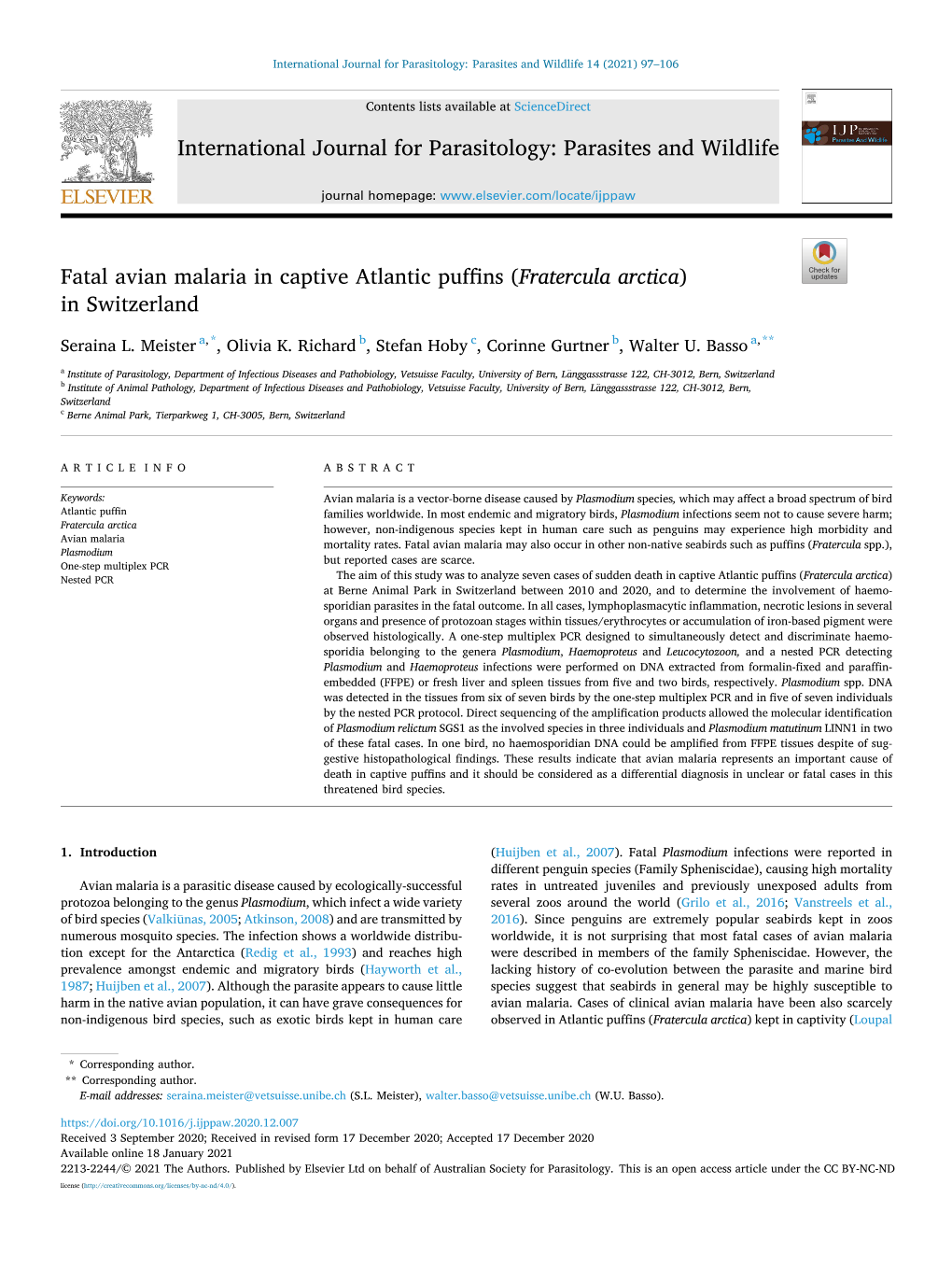 Fatal Avian Malaria in Captive Atlantic Puffins (Fratercula Arctica) in Switzerland