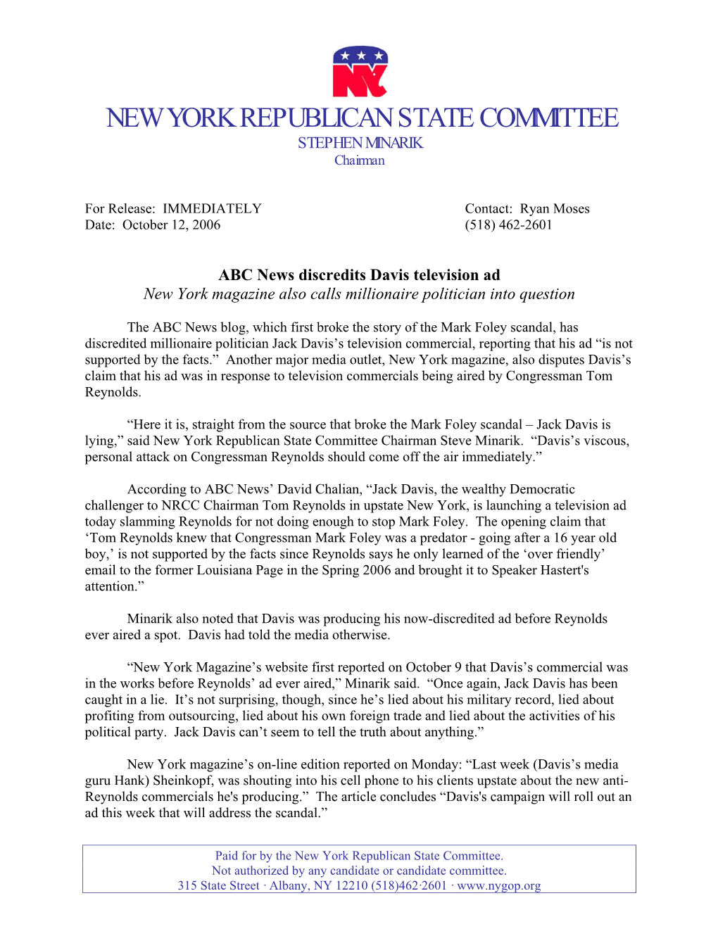 NEW YORK REPUBLICAN STATE COMMITTEE STEPHEN MINARIK Chairman