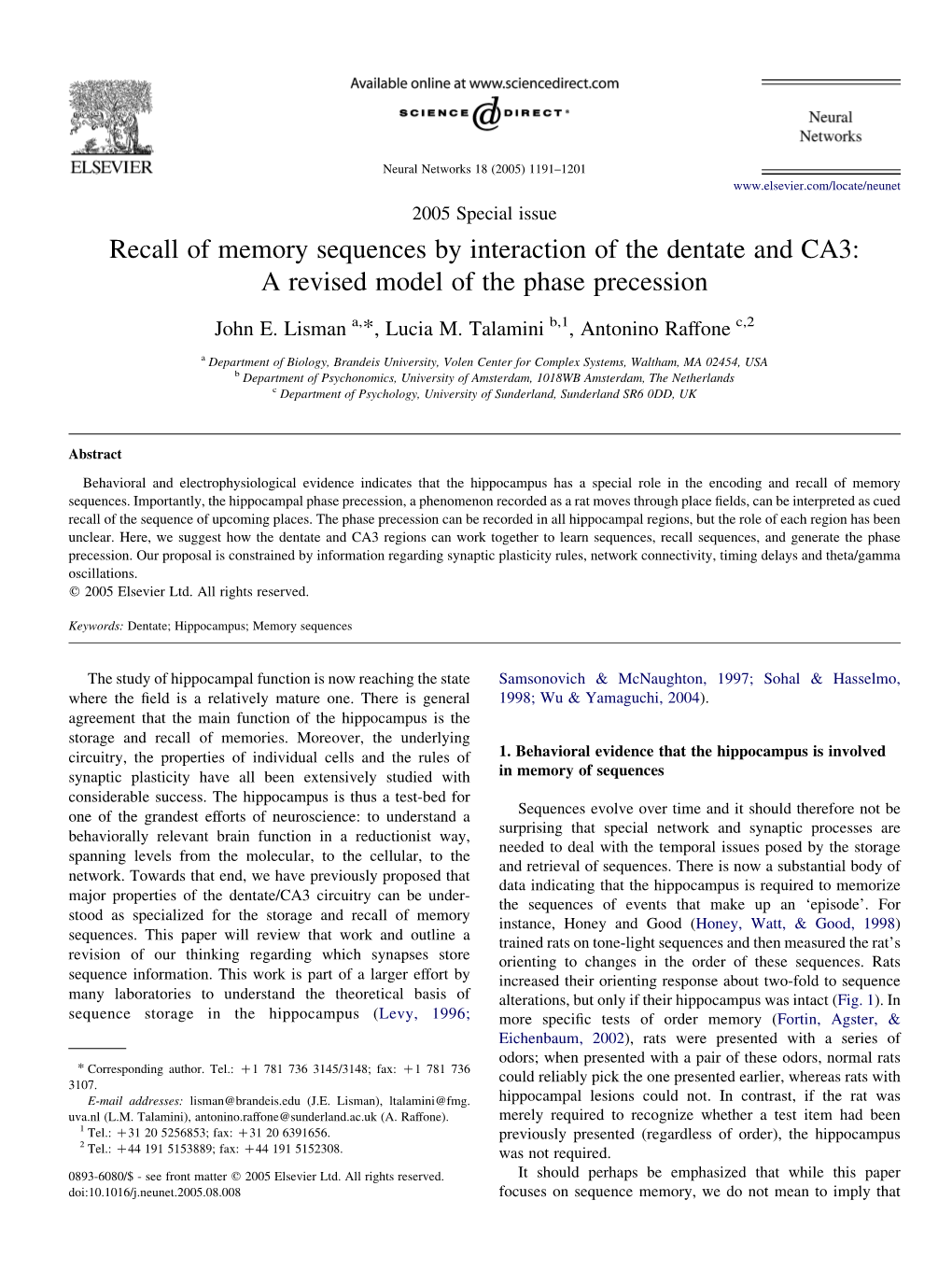 Recall of Memory Sequences by Interaction of the Dentate and CA3: a Revised Model of the Phase Precession