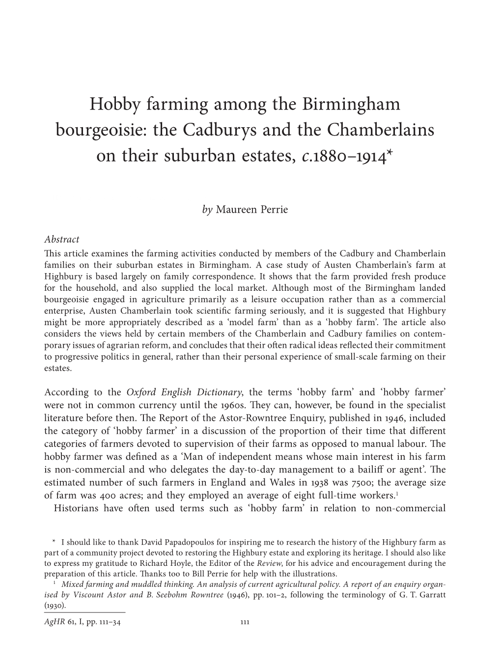 The Cadburys and the Chamberlains on Their Suburban Estates, C.1880–1914*