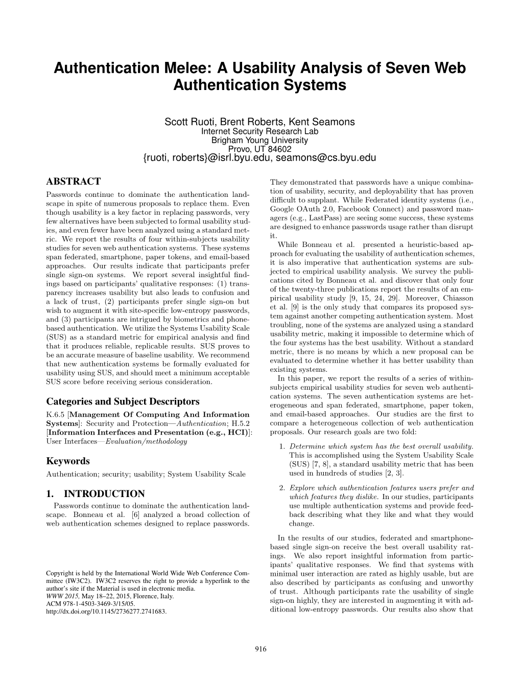 A Usability Analysis of Seven Web Authentication Systems