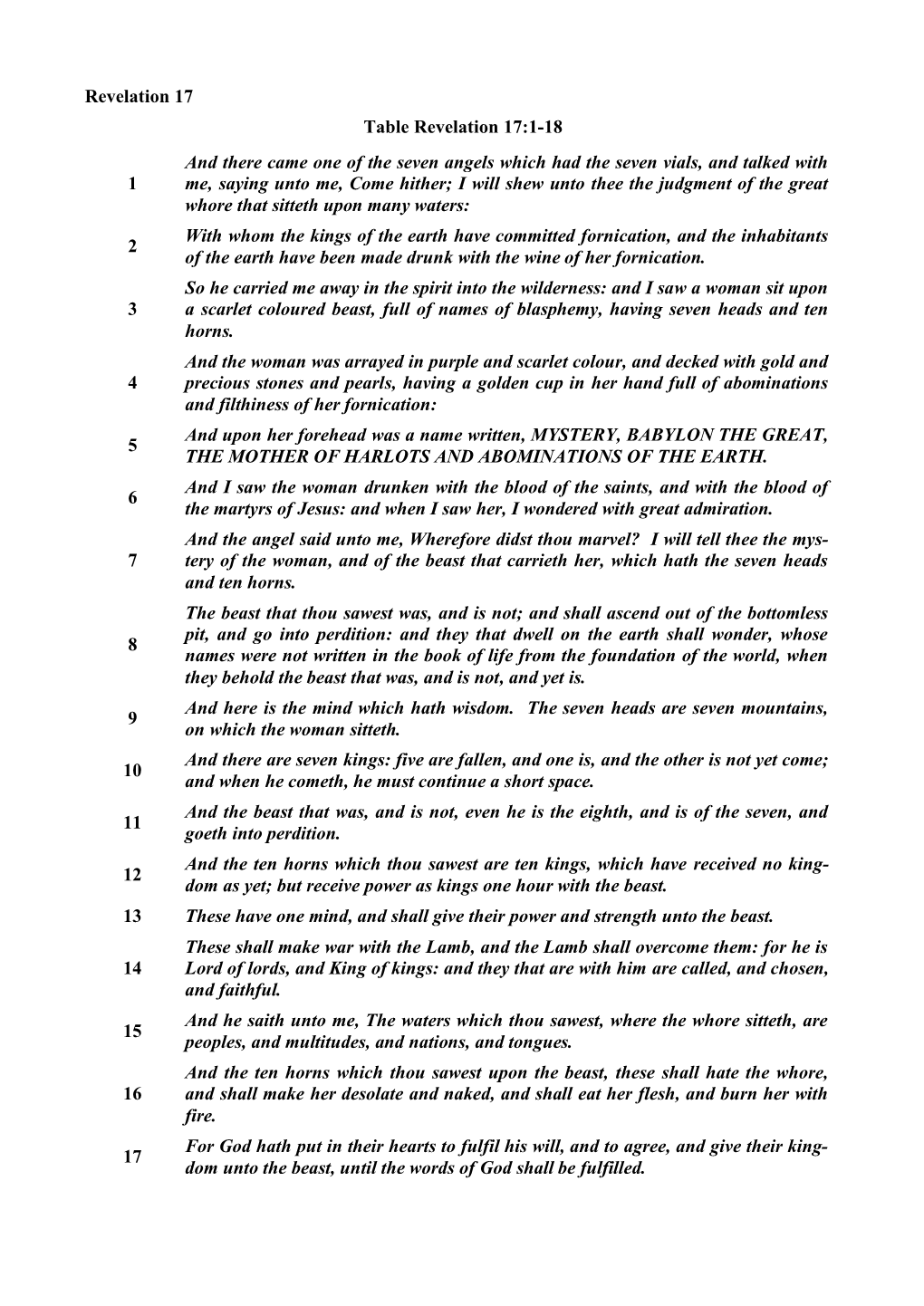 Revelation 17 Table Revelation 17:1-18 1 and There Came One of the Seven Angels Which Had the Seven Vials, and Talked with Me, S