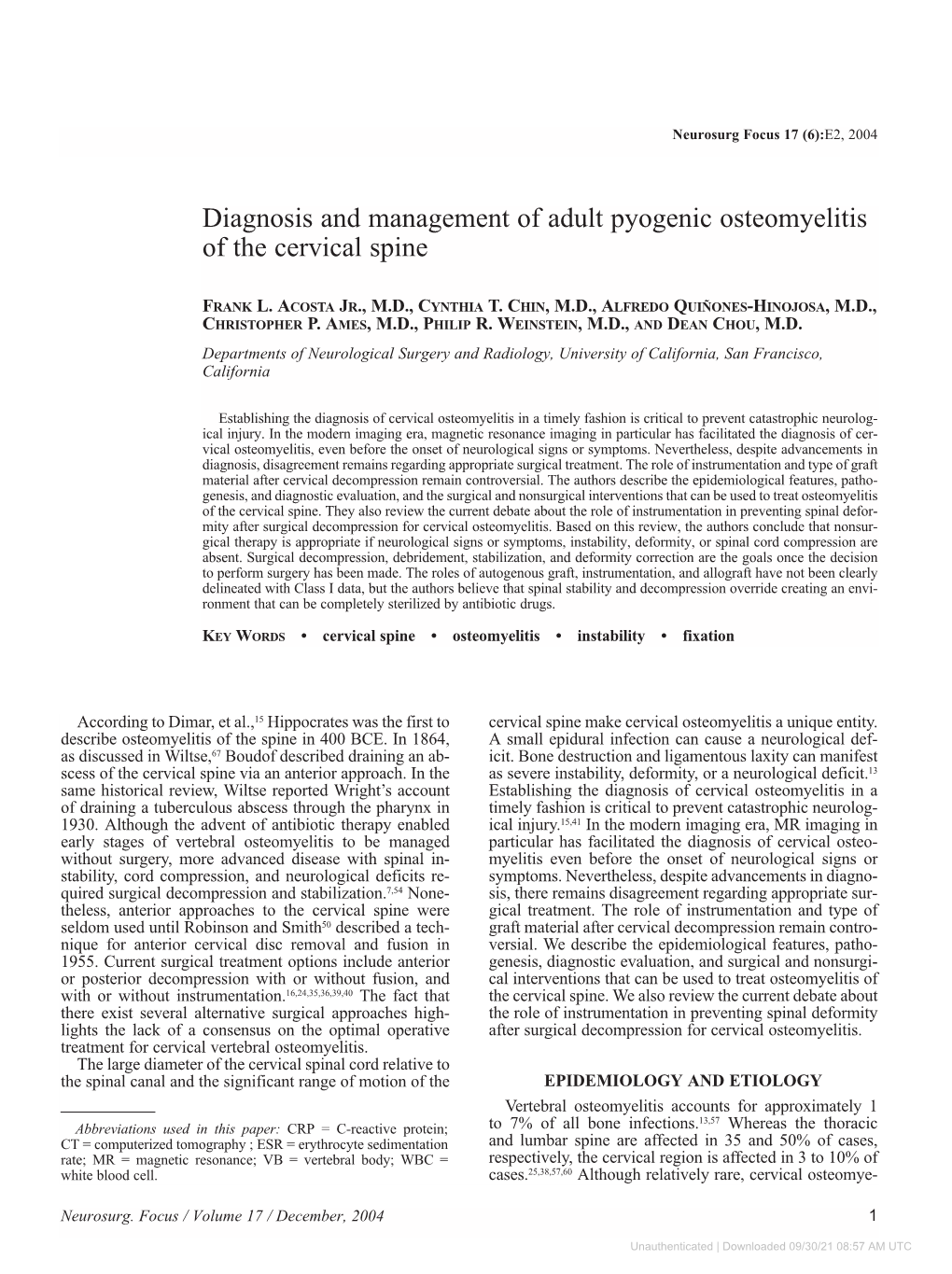 Diagnosis and Management of Adult Pyogenic Osteomyelitis of the Cervical Spine