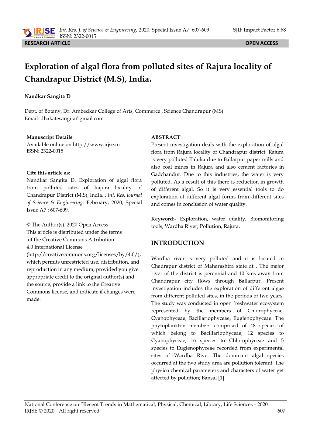 Exploration of Algal Flora from Polluted Sites of Rajura Locality of Chandrapur District (M.S), India