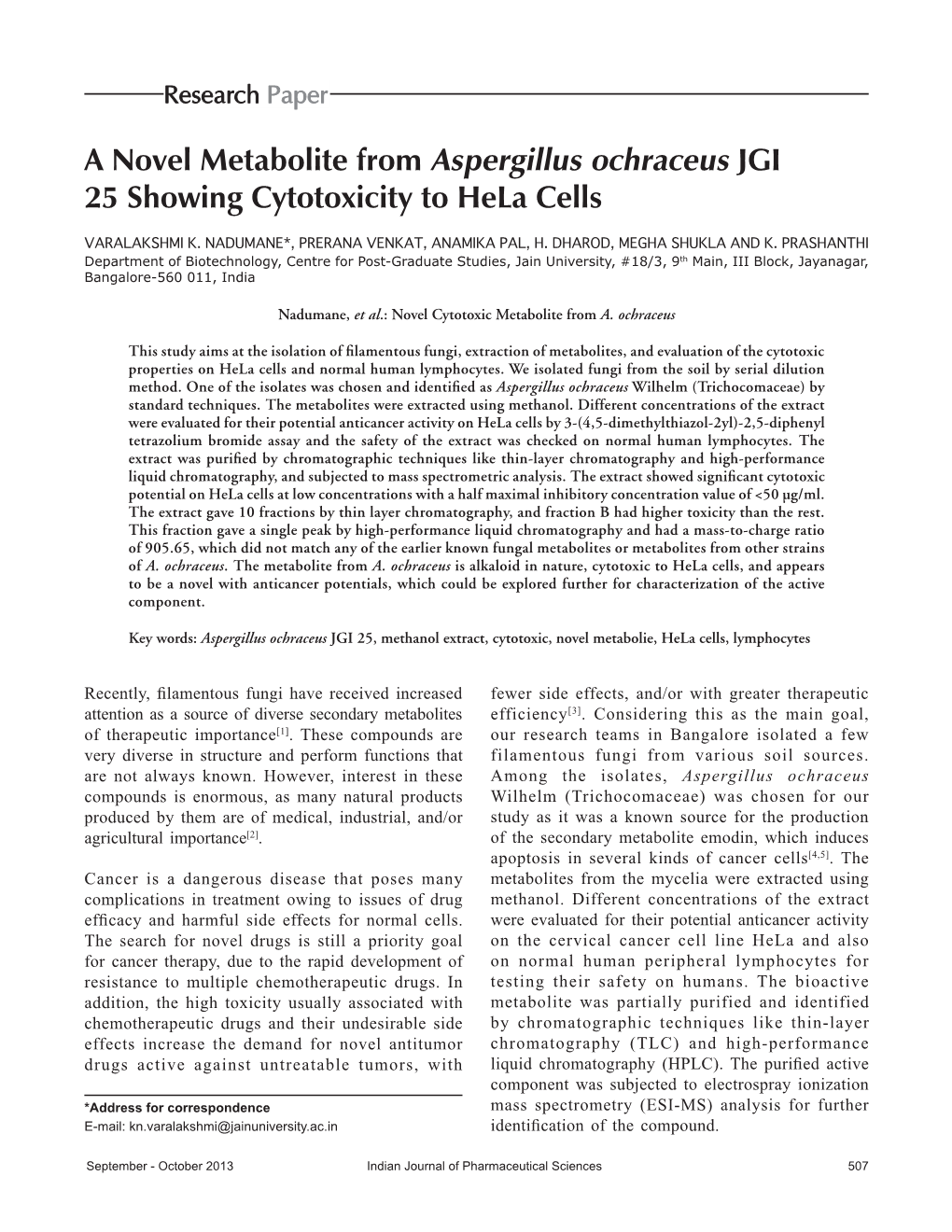 A Novel Metabolite from Aspergillus Ochraceus JGI 25 Showing Cytotoxicity to Hela Cells