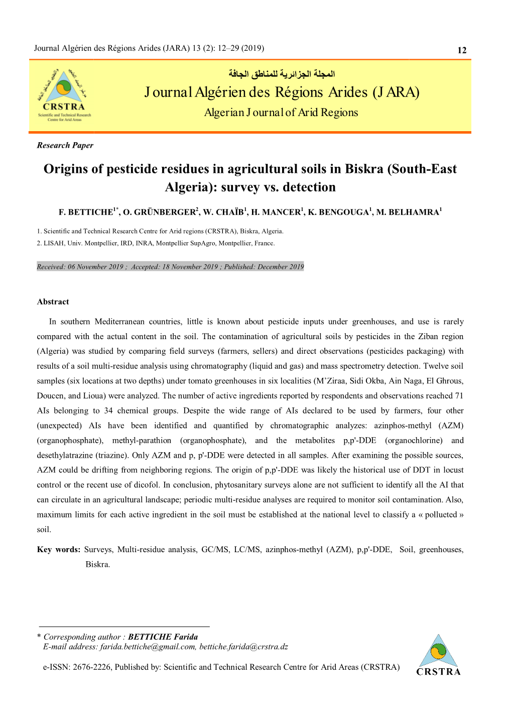 Origins of Pesticide Residues in Agricultural Soils in Biskra (South-East Algeria): Survey Vs