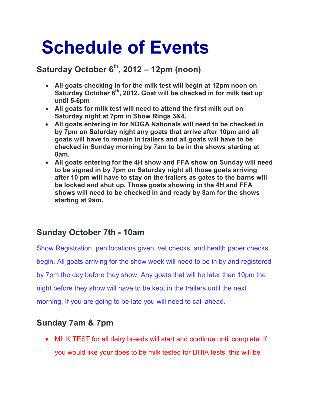 Schedule of Events Saturday October 6Th, 2012 – 12Pm (Noon)