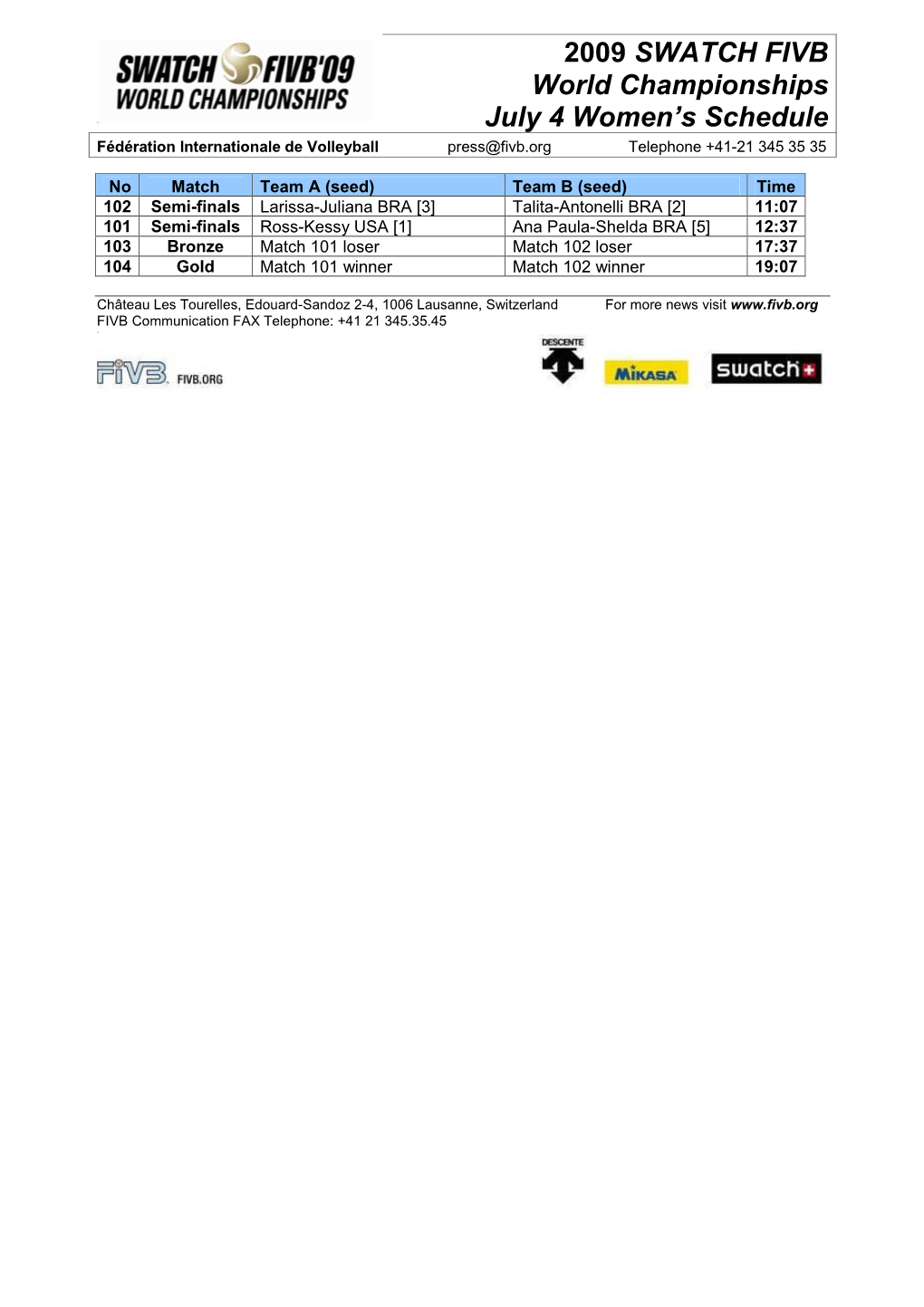 2009 SWATCH FIVB World Championships July 4 Women'sschedule