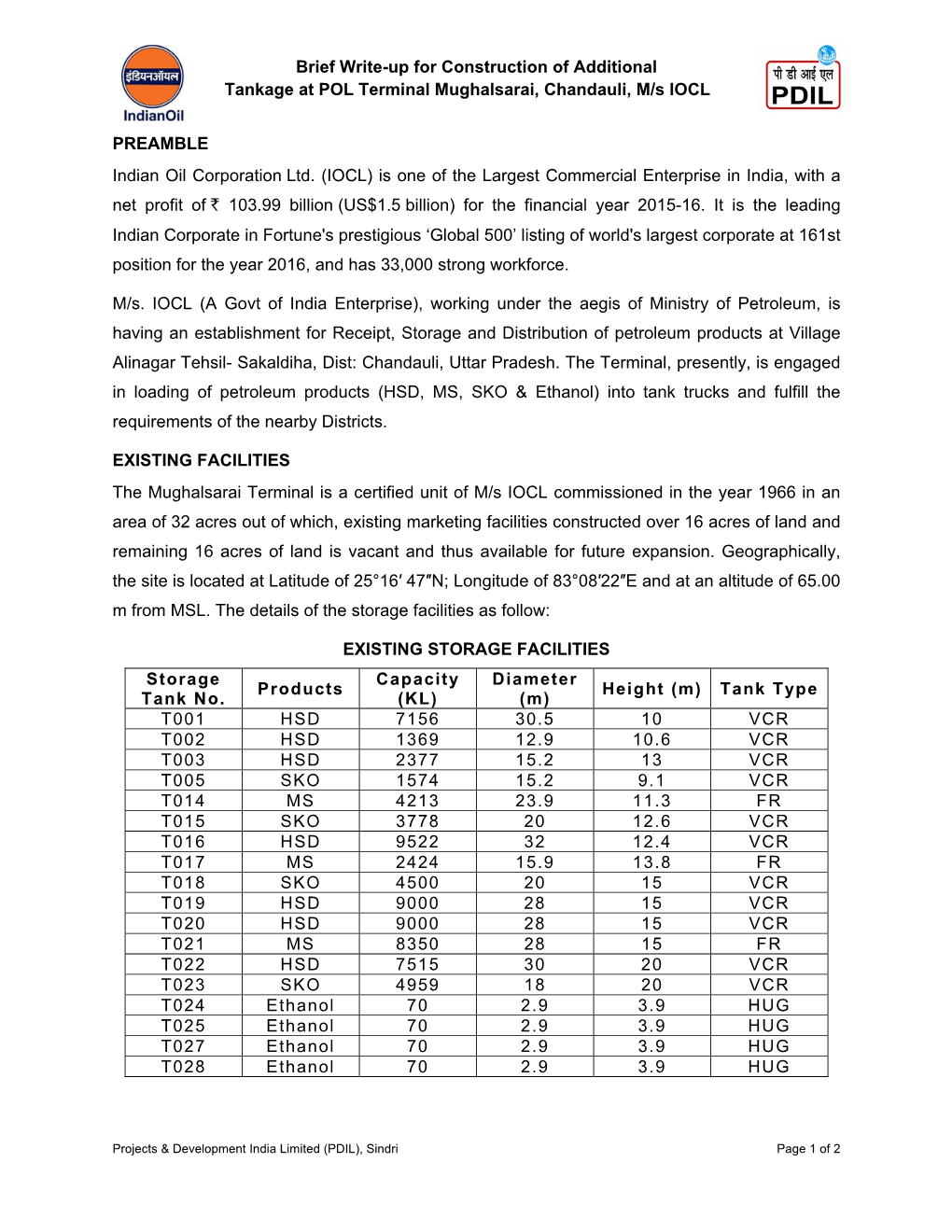 Brief Write-Up for Construction of Additional Tankage at POL Terminal Mughalsarai, Chandauli, M/S IOCL