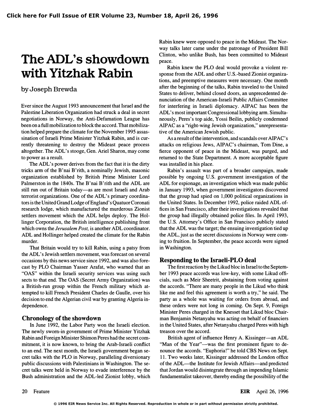 The ADL's Showdown with Yitzhak Rabin