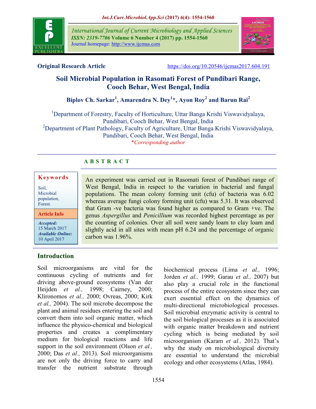 Soil Microbial Population in Rasomati Forest of Pundibari Range, Cooch Behar, West Bengal, India