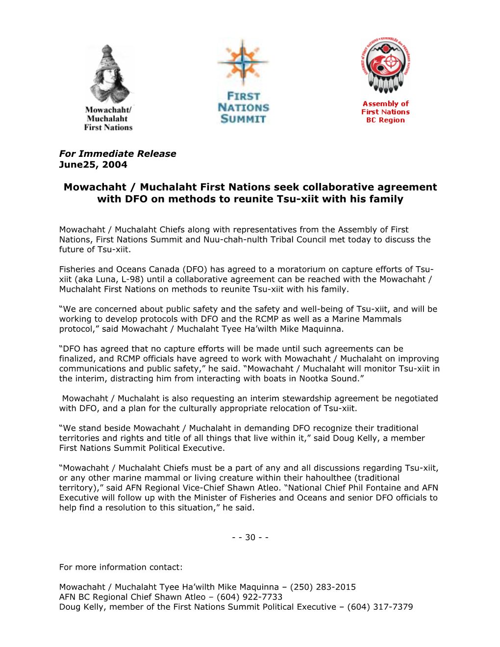 Mowachaht / Muchalaht First Nations Seek Collaborative Agreement with DFO on Methods to Reunite Tsu-Xiit with His Family