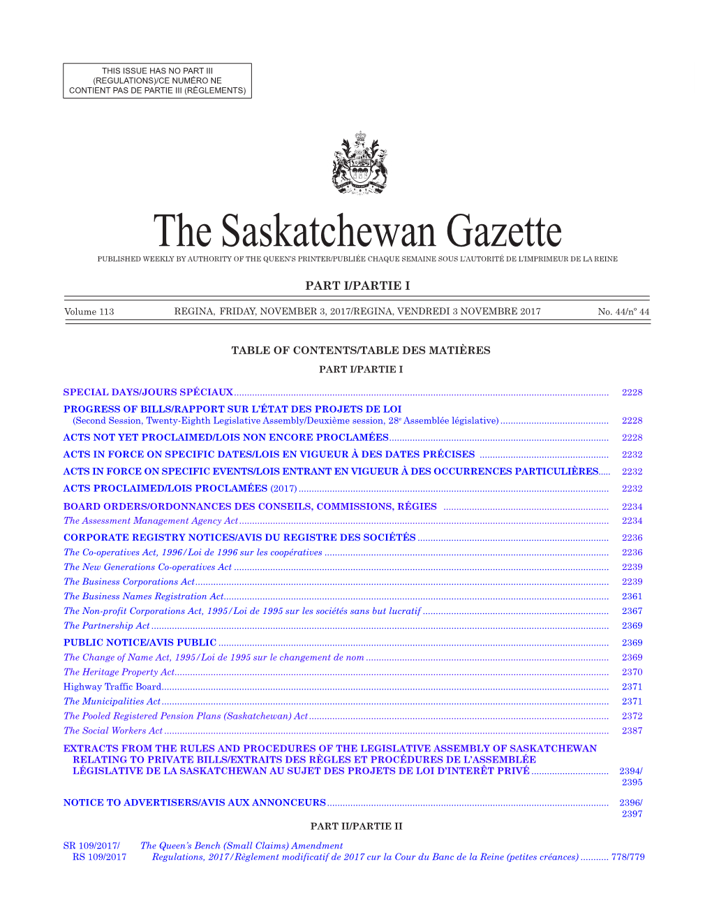 The Saskatchewan Gazette, 3 Novembre 2017 2227 (Regulations)/Ce Numéro Ne Contient Pas De Partie Iii (Règlements)