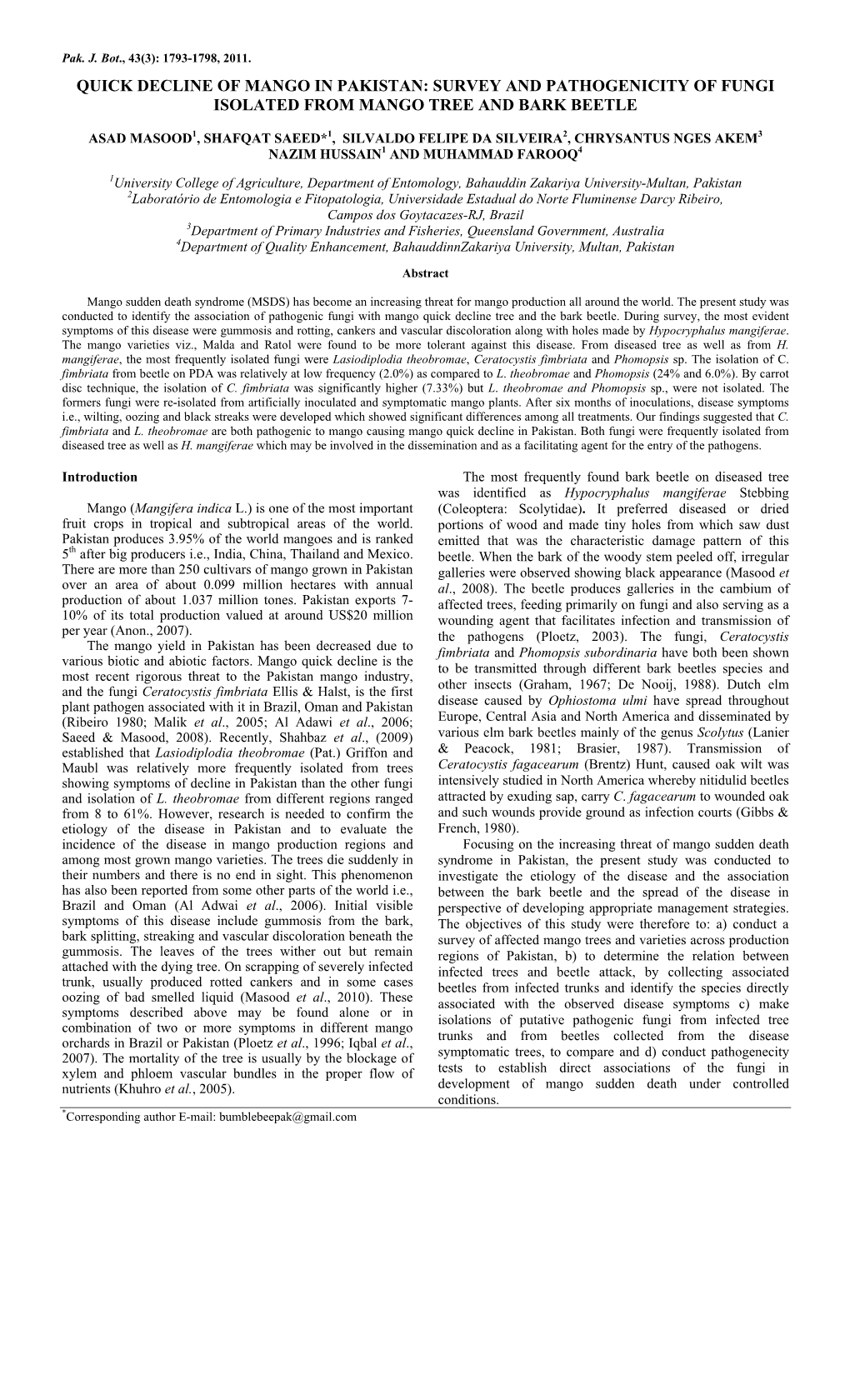 Quick Decline of Mango in Pakistan: Survey and Pathogenicity of Fungi Isolated from Mango Tree and Bark Beetle