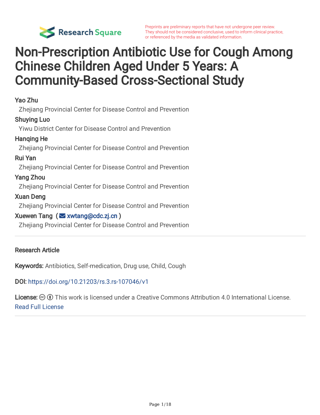 Non-Prescription Antibiotic Use for Cough Among Chinese Children Aged Under 5 Years: a Community-Based Cross-Sectional Study