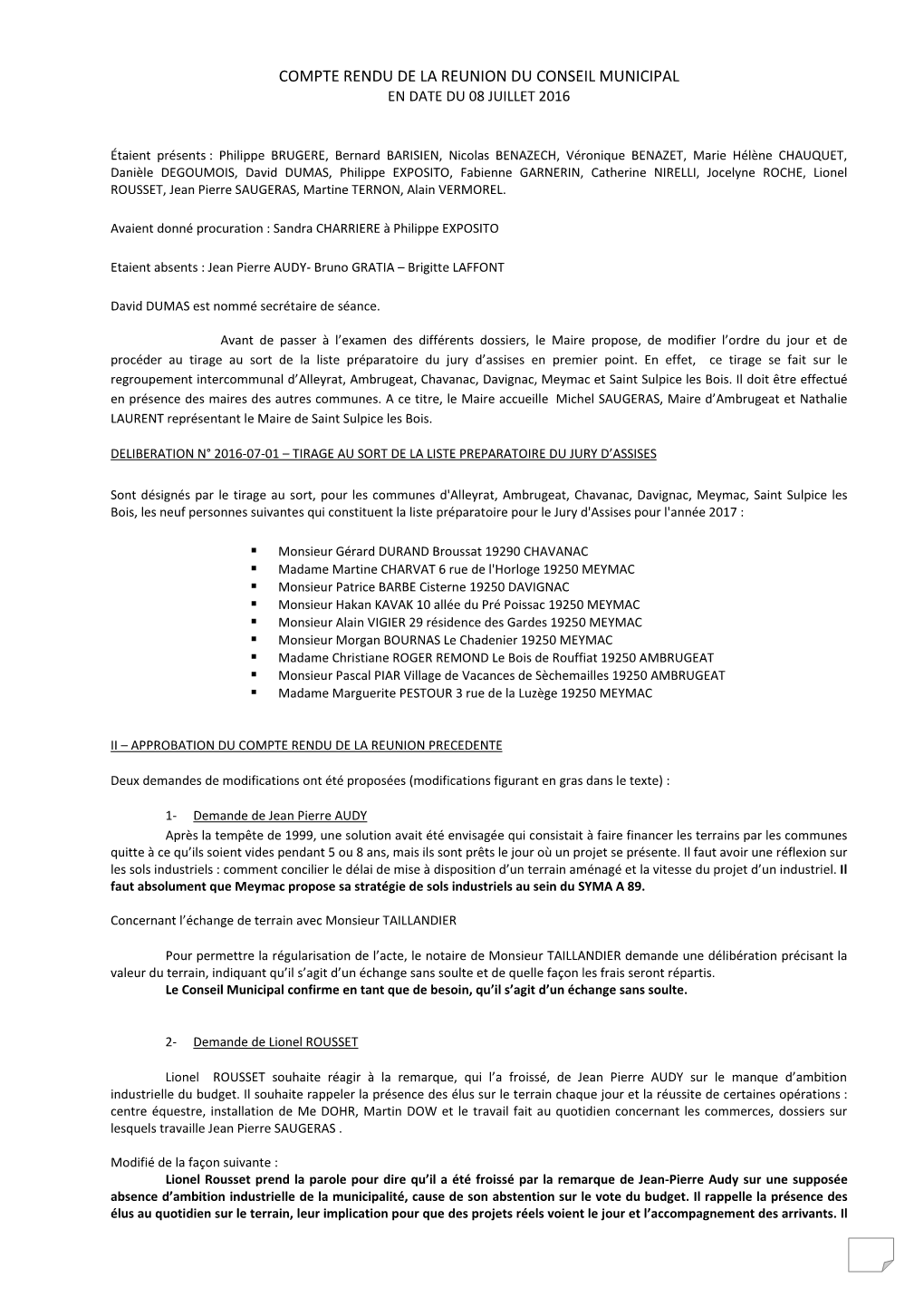 Compte Rendu De La Reunion Du Conseil Municipal En Date Du 08 Juillet 2016