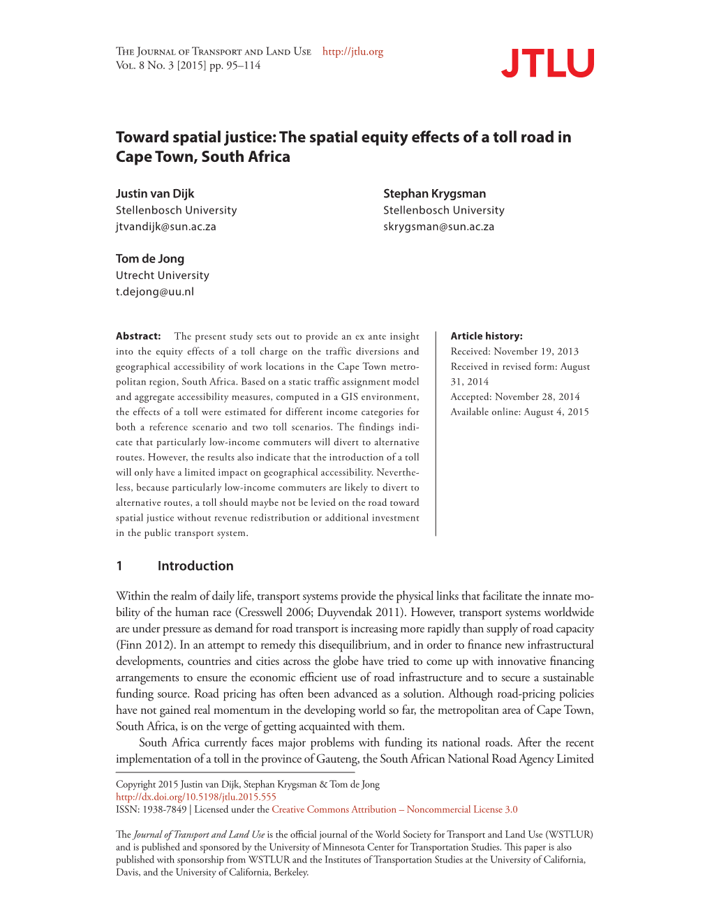 The Spatial Equity Effects of a Toll Road in Cape Town, South Africa