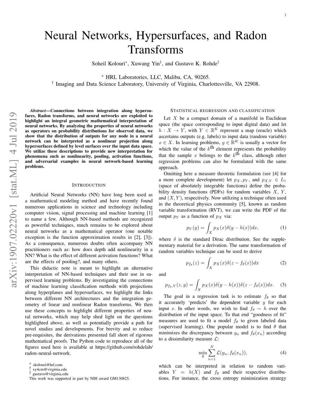 Neural Networks, Hypersurfaces, and Radon Transforms Soheil Kolouri∗, Xuwang Yin†, and Gustavo K