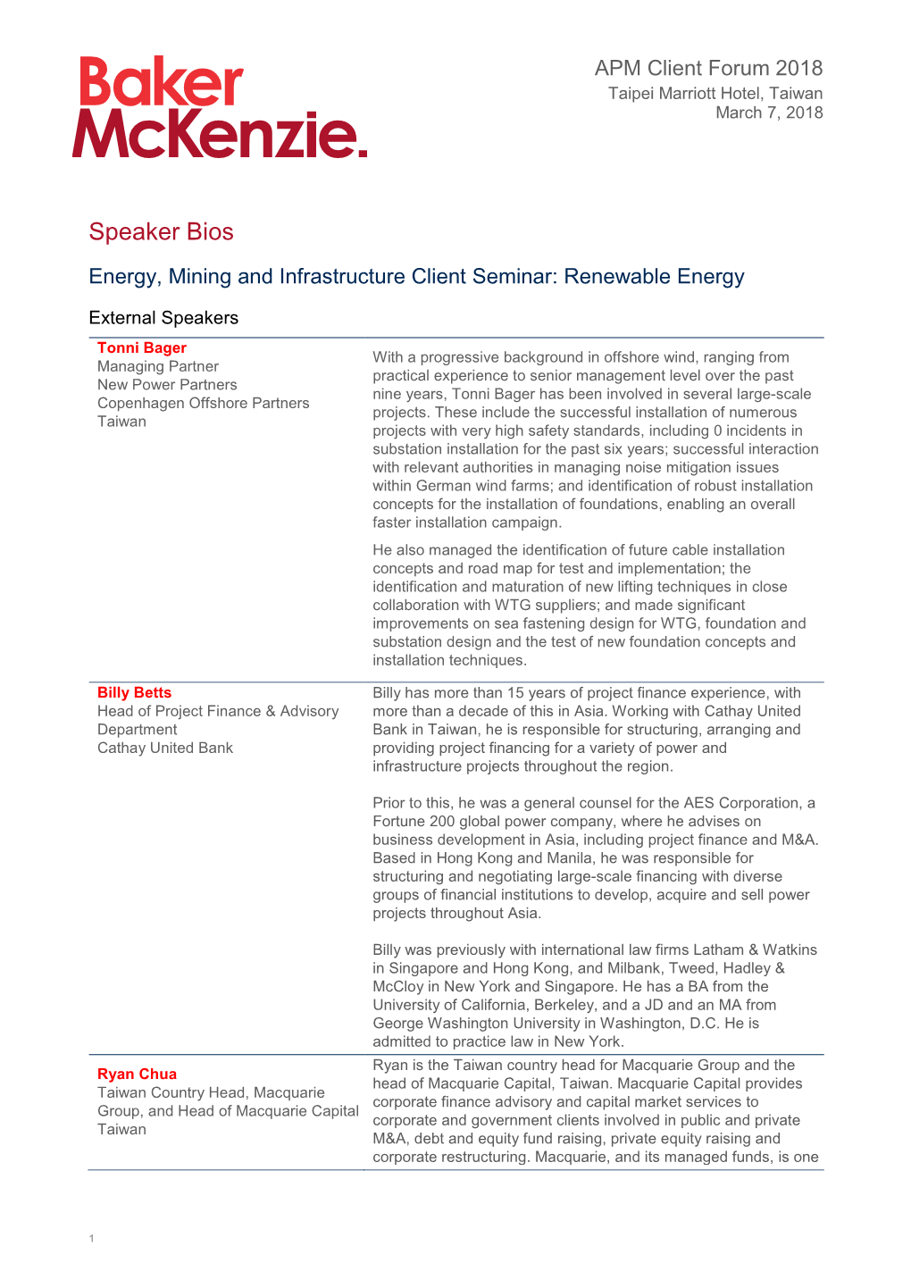 Speaker Bios Energy, Mining and Infrastructure Client Seminar: Renewable Energy
