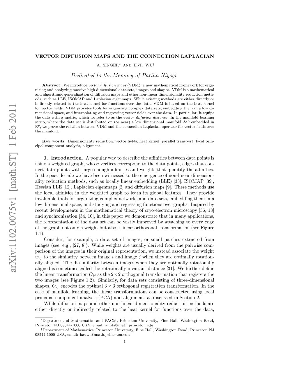 Arxiv:1102.0075V1 [Math.ST] 1 Feb 2011 the Linear Transformation Oij As the 2×2 Orthogonal Transformation That Registers the Two Images (See Figure 1.2)