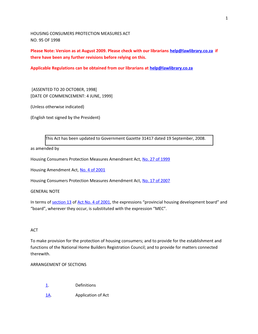 Housing Consumers Protection Measures Act No. 95 of 1998