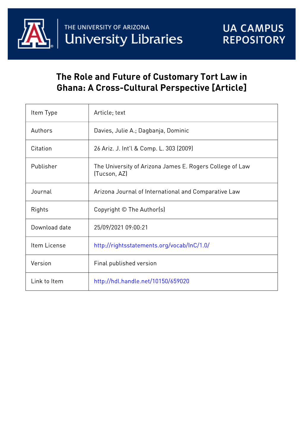 The Role and Future of Customary Tort Law in Ghana: a Cross-Cultural Perspective [Article]