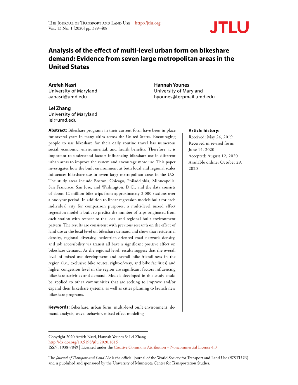 Analysis of the Effect of Multi-Level Urban Form on Bikeshare Demand: Evidence from Seven Large Metropolitan Areas in the United States