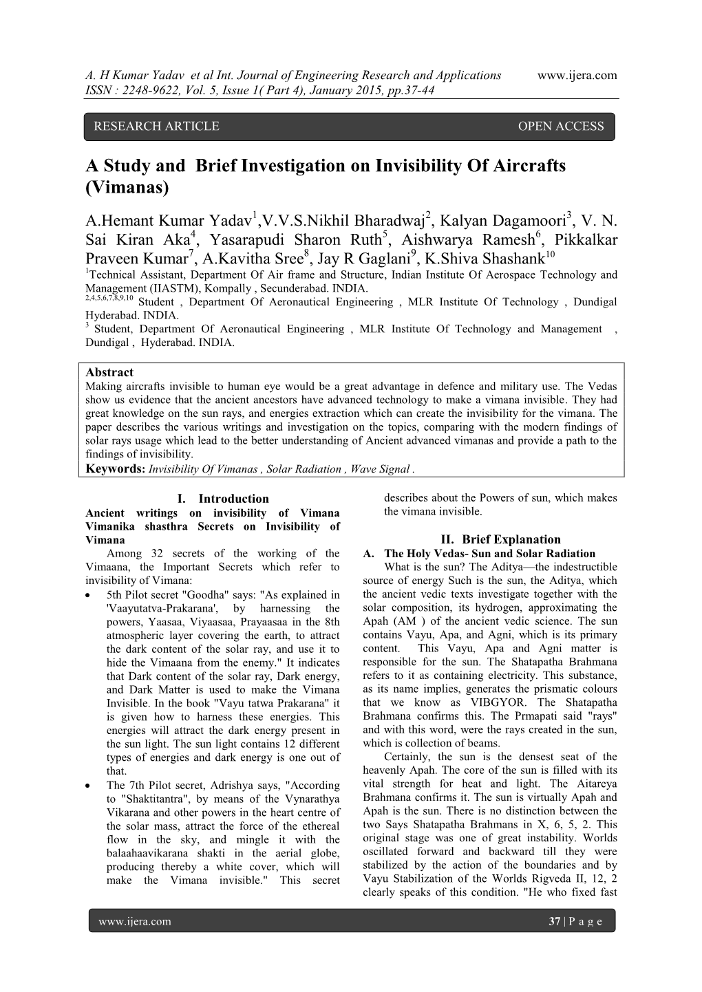 A Study and Brief Investigation on Invisibility of Aircrafts (Vimanas)