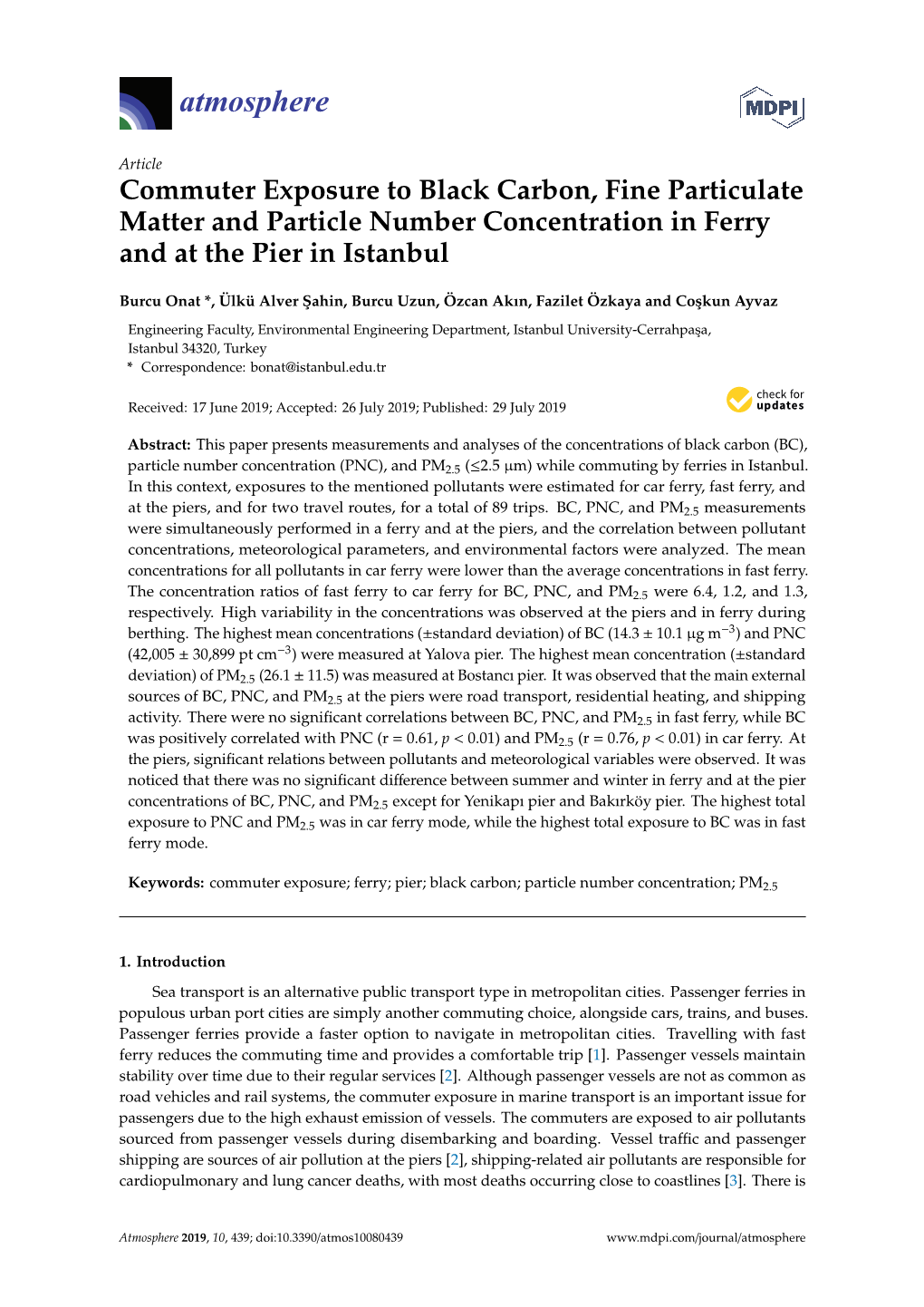 Commuter Exposure to Black Carbon, Fine Particulate Matter and Particle Number Concentration in Ferry and at the Pier in Istanbul