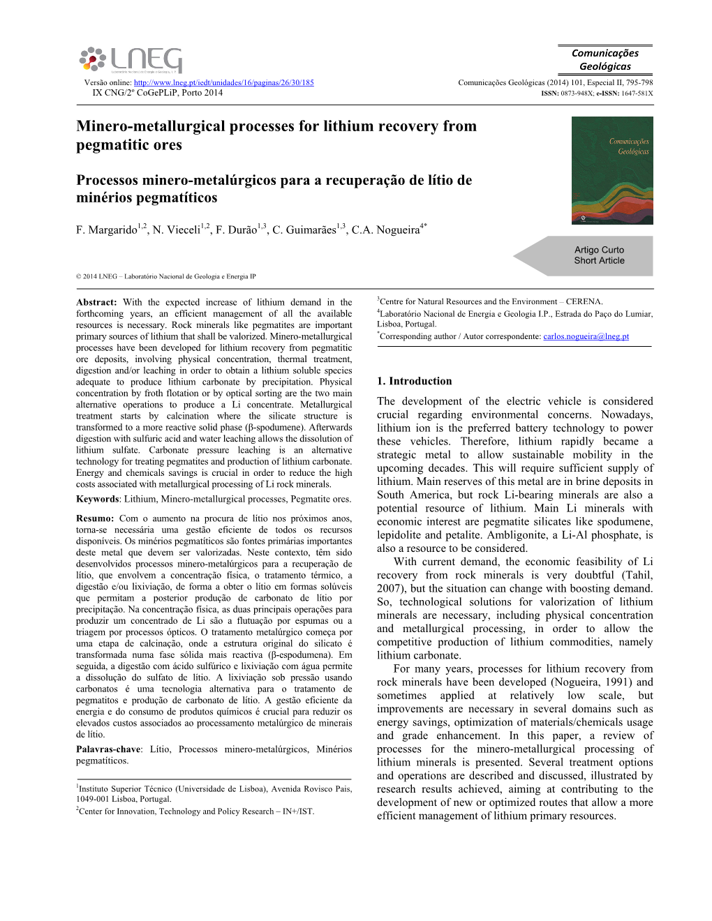 Minero-Metallurgical Processes for Lithium Recovery from Pegmatitic Ores