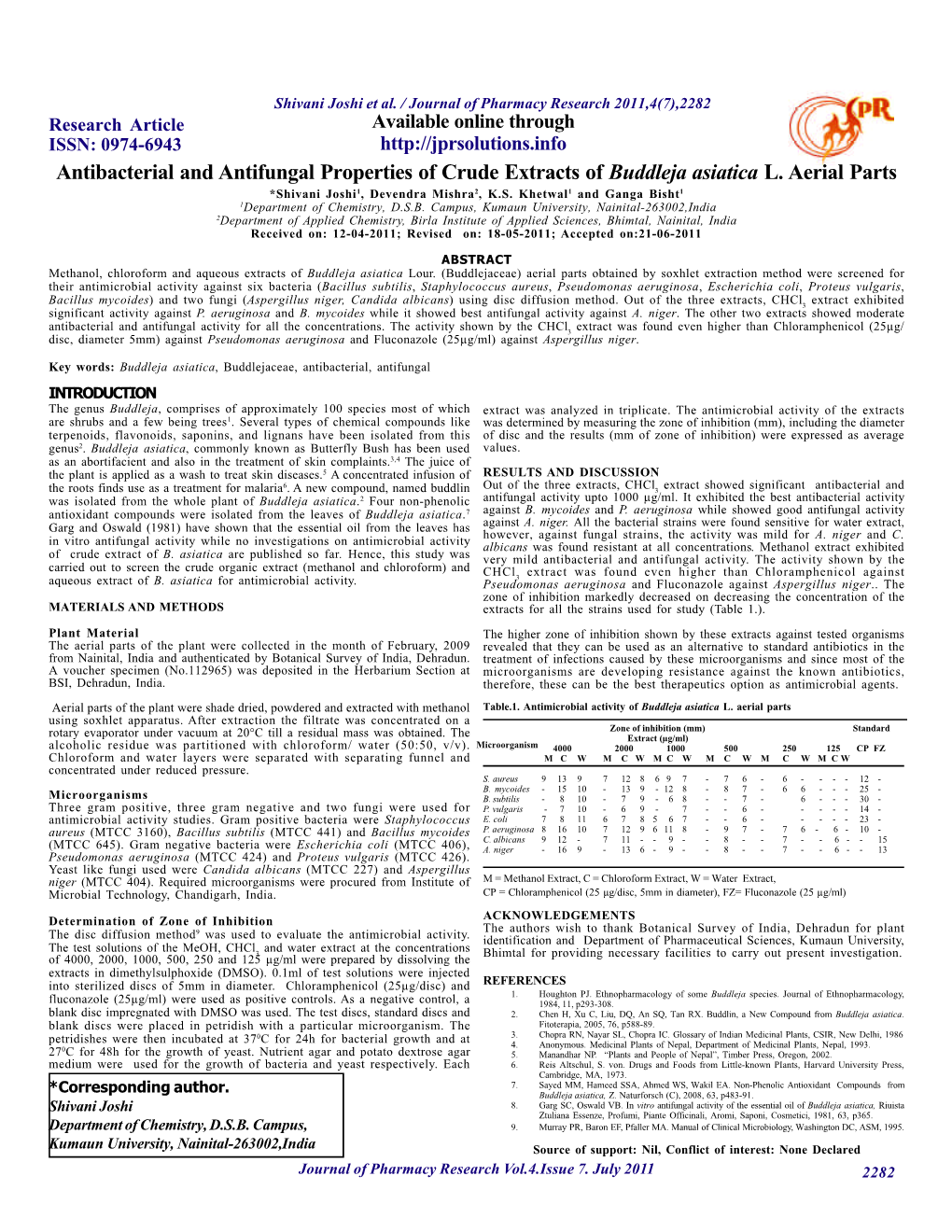 Antibacterial and Antifungal Properties of Crude Extracts of Buddleja Asiatica L