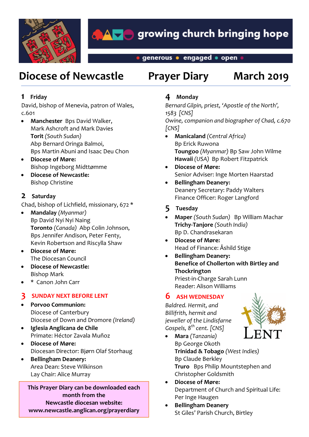 Diocese of Newcastle Prayer Diary March 2019