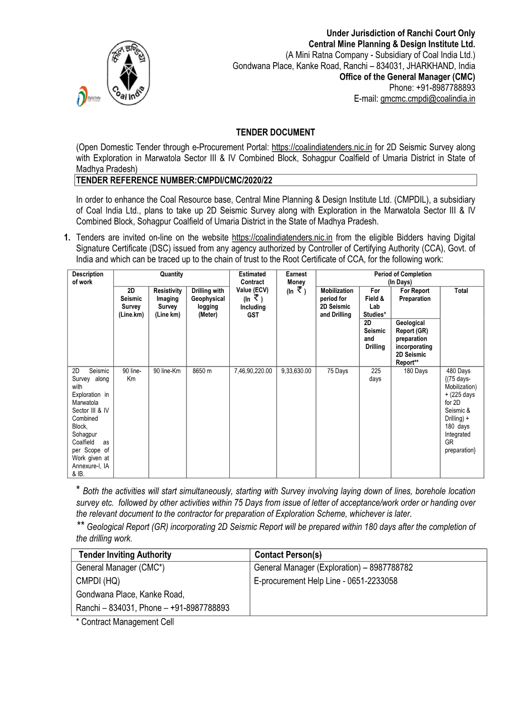 Under Jurisdiction of Ranchi Court Only Central Mine Planning & Design Institute Ltd