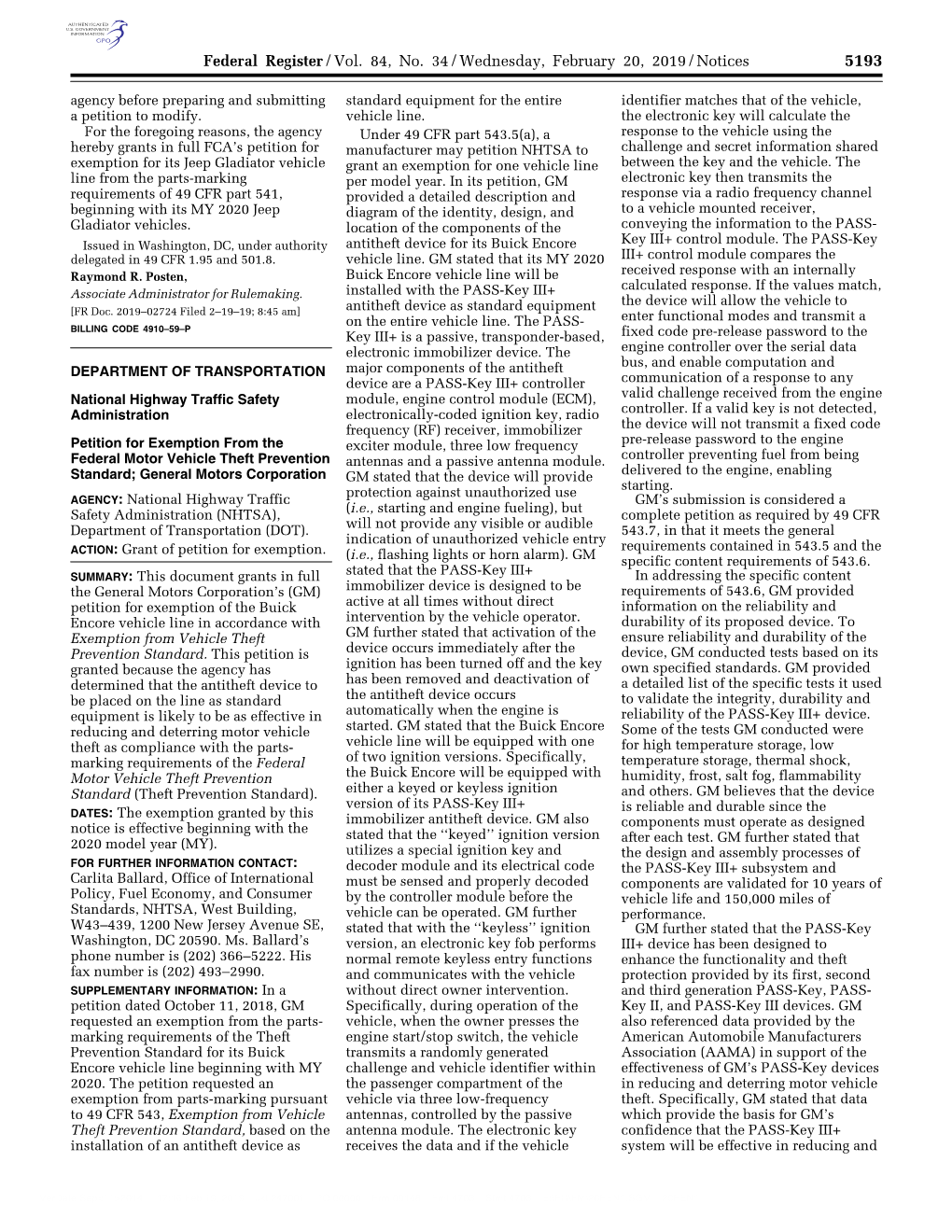 Federal Register/Vol. 84, No. 34/Wednesday, February 20, 2019