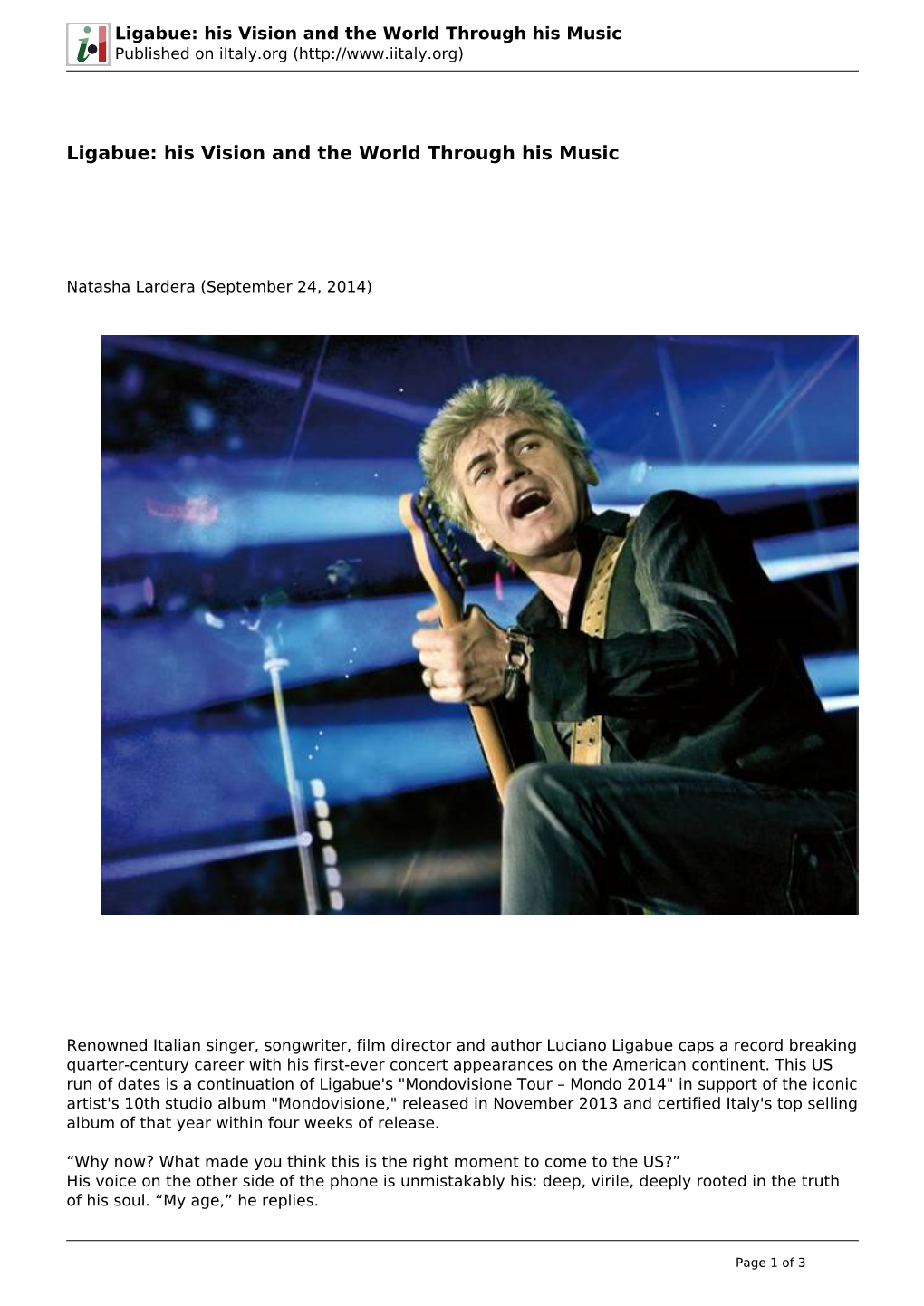 Ligabue: His Vision and the World Through His Music Published on Iitaly.Org (
