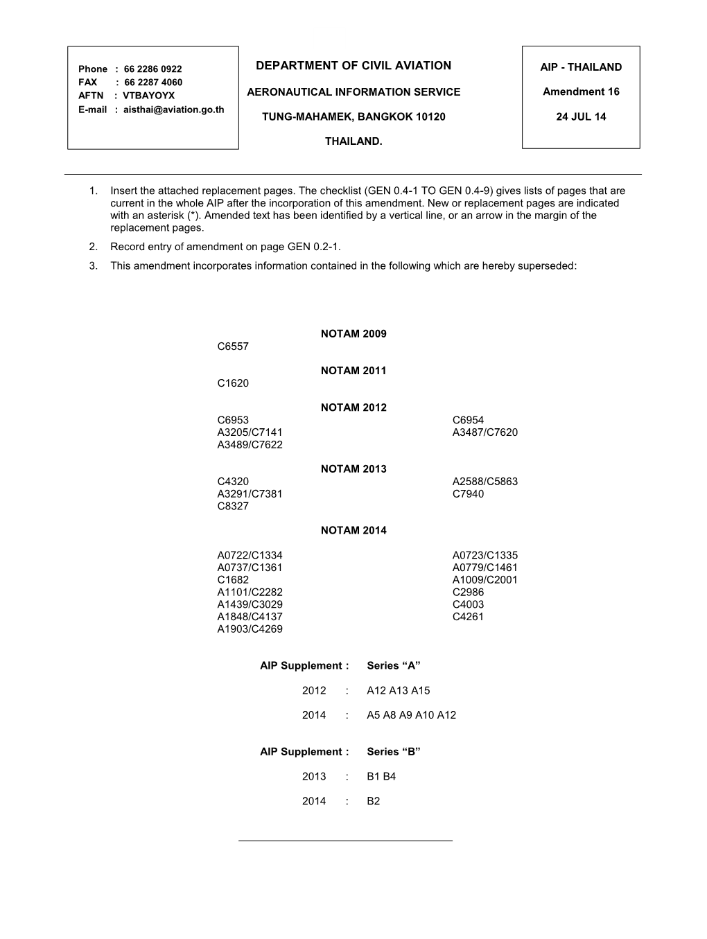 DEPARTMENT of CIVIL AVIATION AIP - THAILAND FAX : 66 2287 4060 AFTN : VTBAYOYX AERONAUTICAL INFORMATION SERVICE Amendment 16