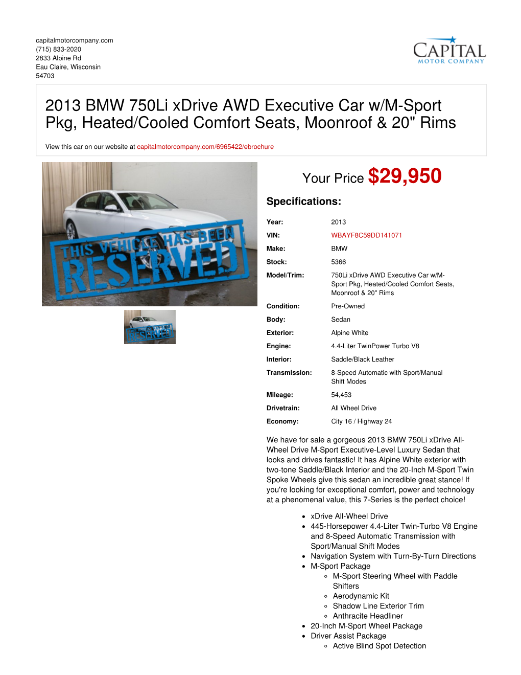 2013 BMW 750Li Xdrive AWD Executive Car W/M-Sport Pkg, Heated/Cooled Comfort Seats, Moonroof & 20" Rims