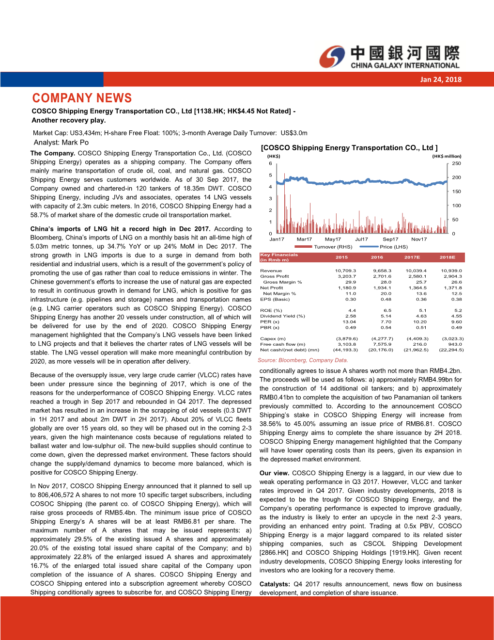 COMPANY NEWS COSCO Shipping Energy Transportation CO., Ltd [1138.HK; HK$4.45 Not Rated] - Another Recovery Play