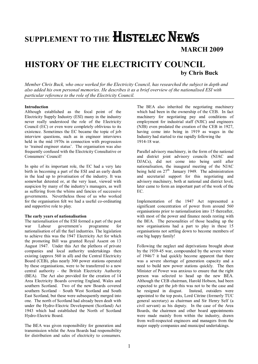 HISTORY of the ELECTRICITY COUNCIL by Chris Buck