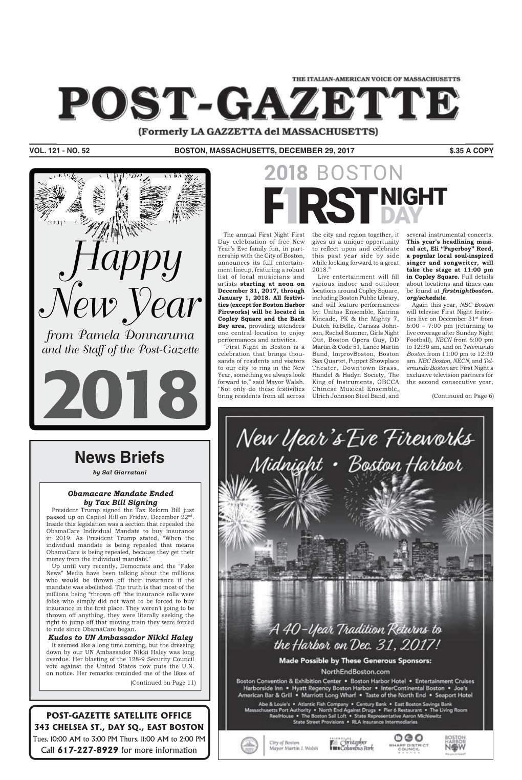 Happy New Year to All! Buon Anno! I Would Like to Send a One Year Gift Subscription of the Boston Post-Gazette to the Following Person(S)