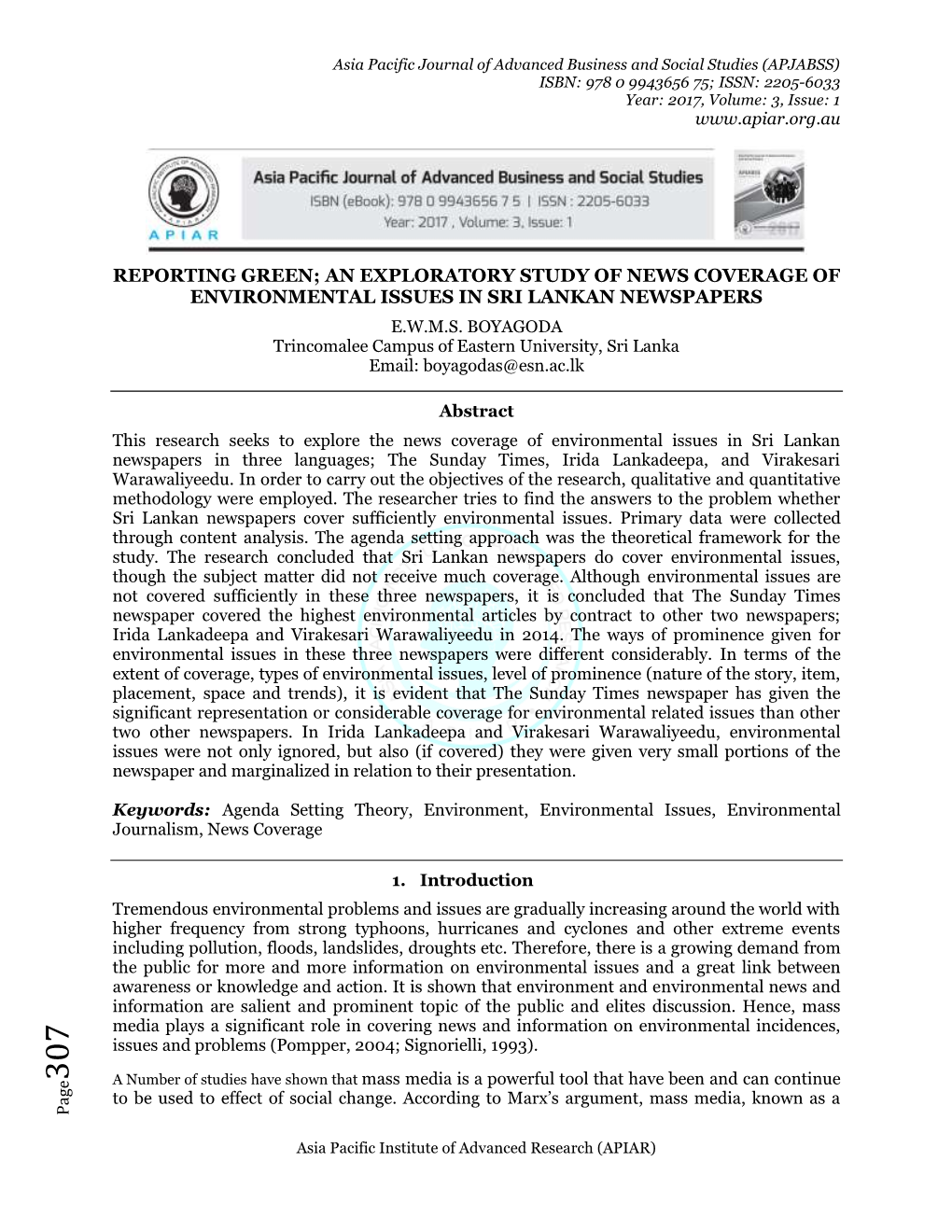An Exploratory Study of News Coverage of Environmental Issues in Sri Lankan Newspapers E.W.M.S