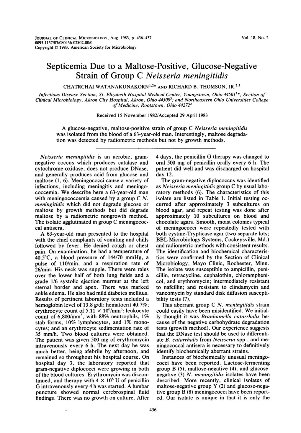 Septicemia Due to a Maltose-Positive, Glucose-Negative Strain of Group C Neisseria Meningitidis