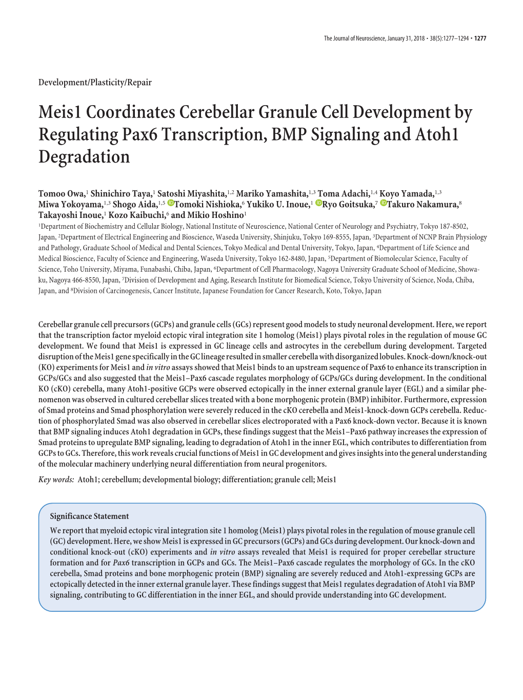 Meis1 Coordinates Cerebellar Granule Cell Development by Regulating Pax6 Transcription, BMP Signaling and Atoh1 Degradation