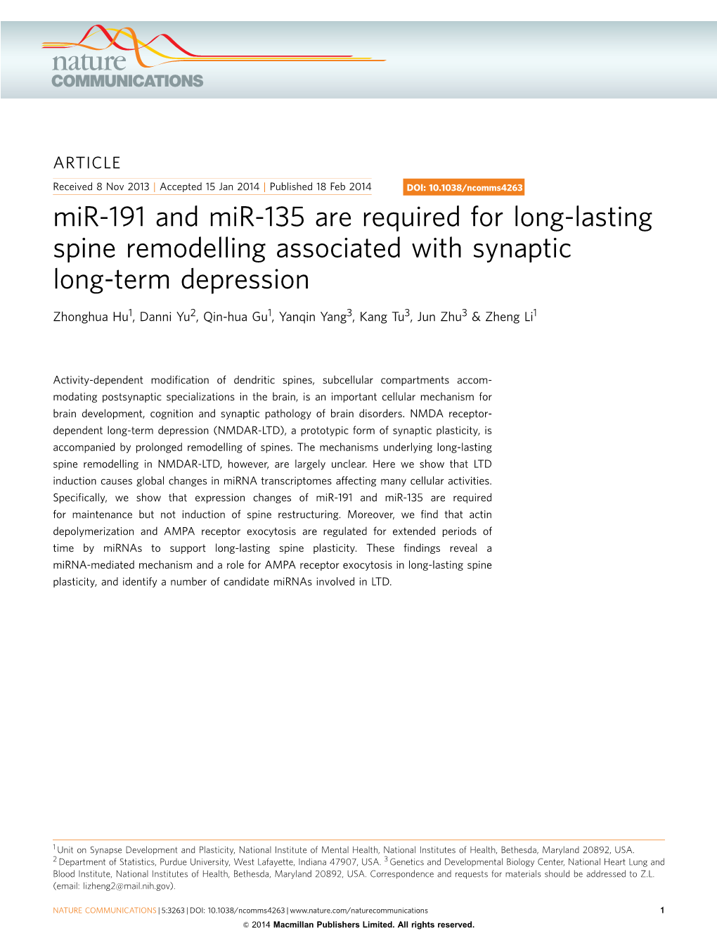 Mir-191 and Mir-135 Are Required for Long-Lasting Spine Remodelling Associated with Synaptic Long-Term Depression