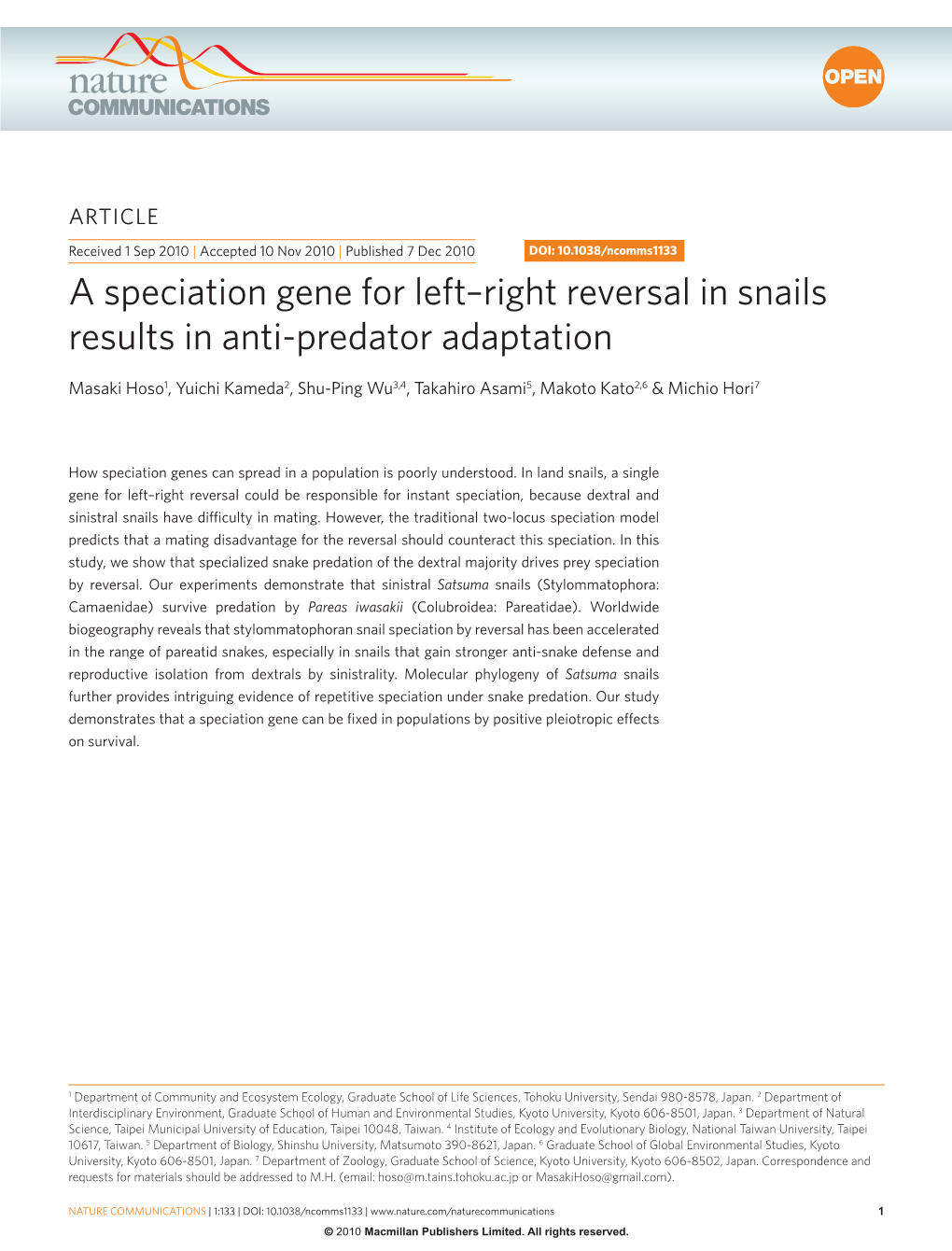 A Speciation Gene for Left&Ndash;Right Reversal in Snails Results In